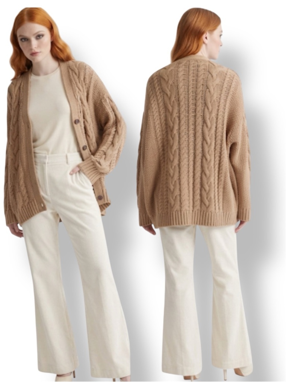 Quince 100% Organic Cotton Oversized Cable Knit Cardigan In Camel Size L